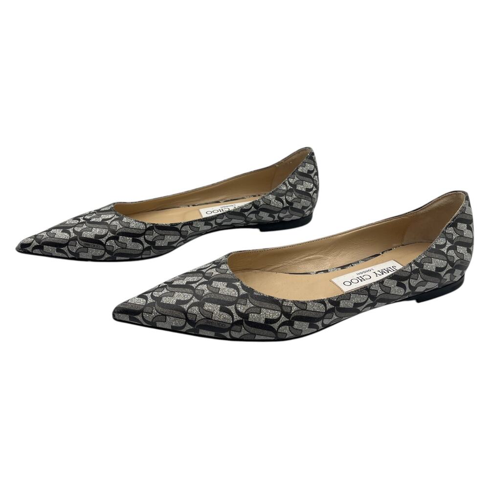 Jimmy Choo Flats Shoes Love Glitter Pointed Toe JC Monogram Silver Black Sz 36.5